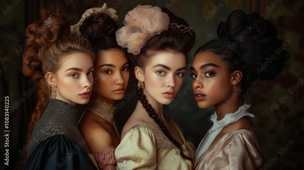 Fototapeta premium Group portrait of women with elaborate updos and braids, vintage lighting