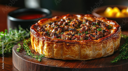 National Pie Day. A delicious, golden-brown meat pie garnished with herbs, presented on a wooden board, showcasing a savory filling and a crispy crust. photo