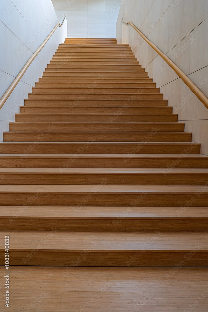 Fototapeta premium Zigzag staircase with light oak steps and minimalist railings,