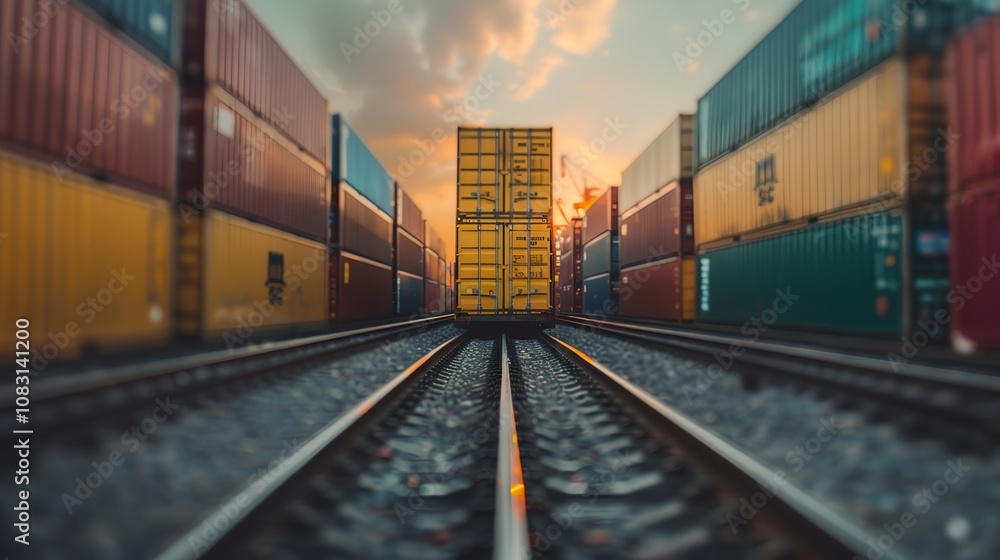 Fototapeta premium a train track with a yellow container on it and a sky background with clouds