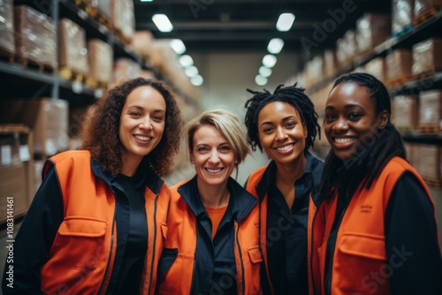 Smiling portrait of a young diverse group of female warehouse workers photo