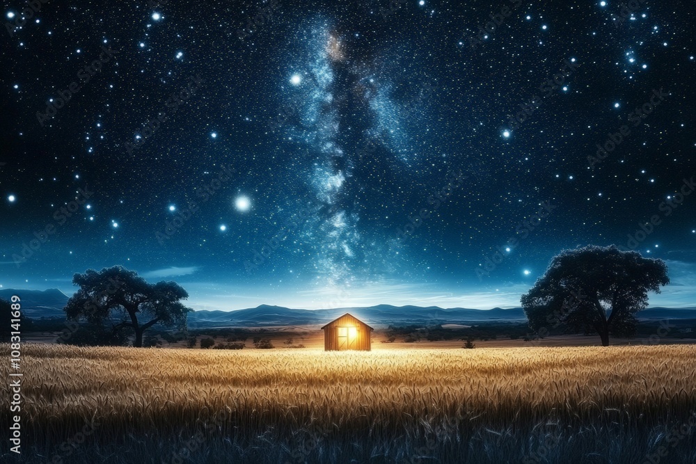 Fototapeta premium Serene Starry Night with Milky Way and Glowing Shed in Golden Wheat Field