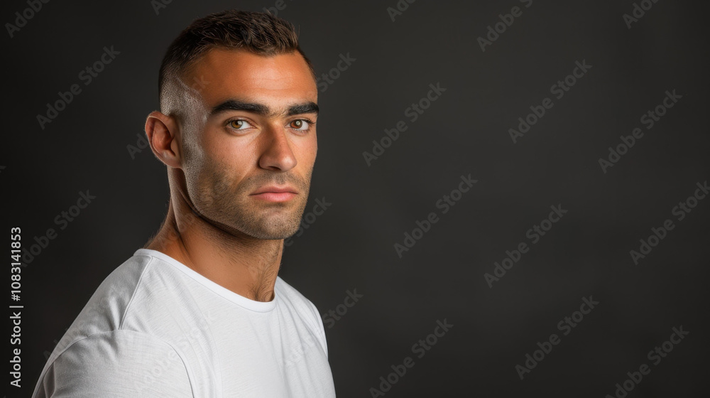 Obraz premium A stylish man in a white tee exudes confidence with a relaxed side profile and a charming, natural smile.