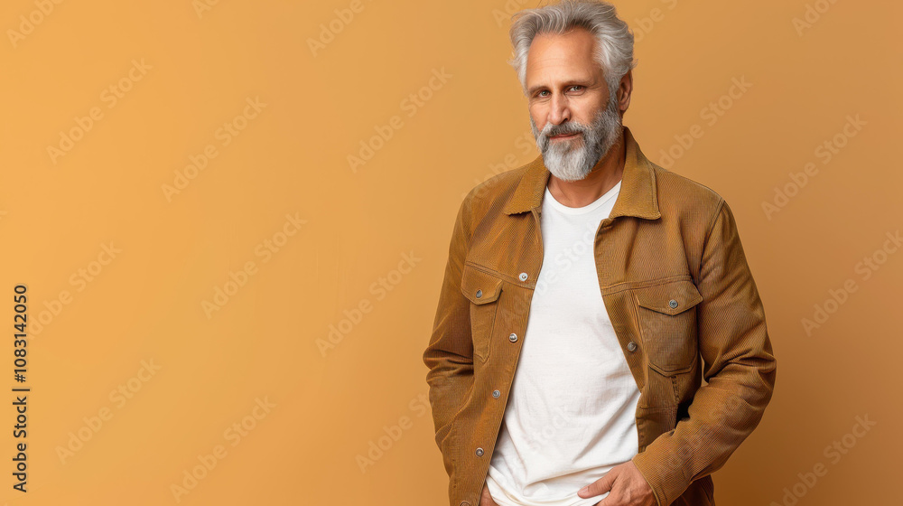 Obraz premium A senior man exudes confidence in a relaxed pose, showcasing a natural smile that reflects warmth and wisdom.