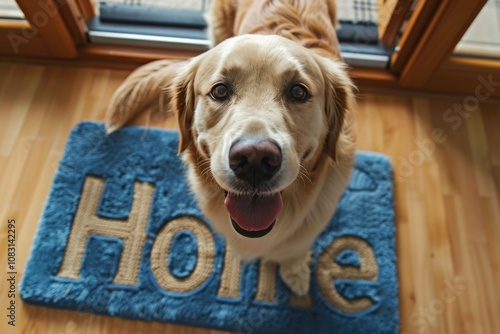 Close up of happy golden retriever dog on home sign photo