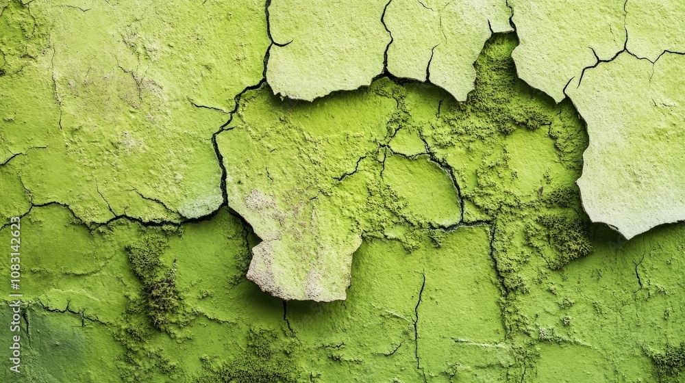 Obraz premium Cracked Green Wall with Textured Surface Showing Layers of Flaking Paint, Moss Growth, and Unique Patterns in a Natural Setting