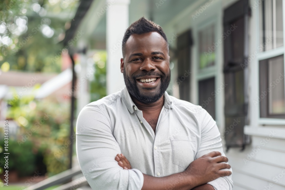 Obraz premium Portrait of a smiling African American standing proudly in front of house