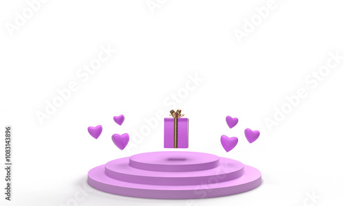 Gift box ribbon golden yellow color love heart shape fly wing podium stand stage showcase white background dicut happy valentine day 14 fourteen february month love romantic wedding product sale 