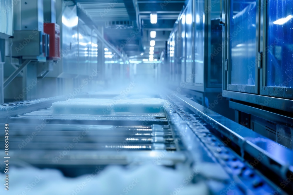 Fototapeta premium Frozen food product being processed through an automated conveyor belt