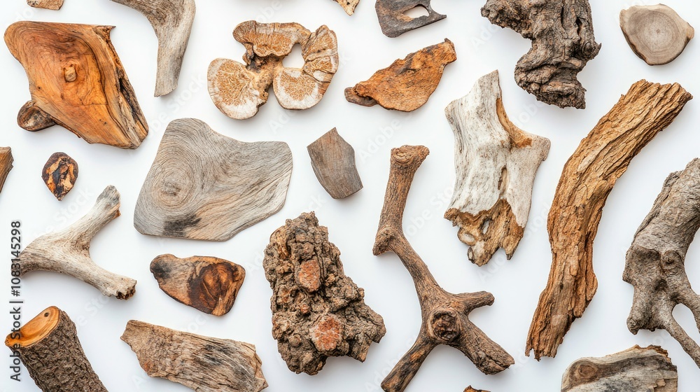Obraz premium A Diverse Collection of Natural Wooden Pieces Showcasing Unique Textures and Shapes Ideal for Crafting, Decoration, and Nature-Inspired Projects