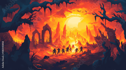 Halloween imagery depicting souls entering hell in a mesmerizing fiery inferno, perfect for themed events, decorations, and promotions with copy space. Inferno. Illustration