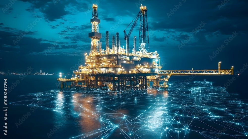 Obraz premium A large oil rig is floating in the ocean at night. The lights on the rig are glowing, creating a sense of movement and energy. The scene is both beautiful and powerful