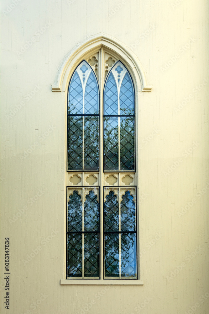 Fototapeta premium Gothic Revival-style window from the First Parish in Cambridge, Massachusetts, USA 