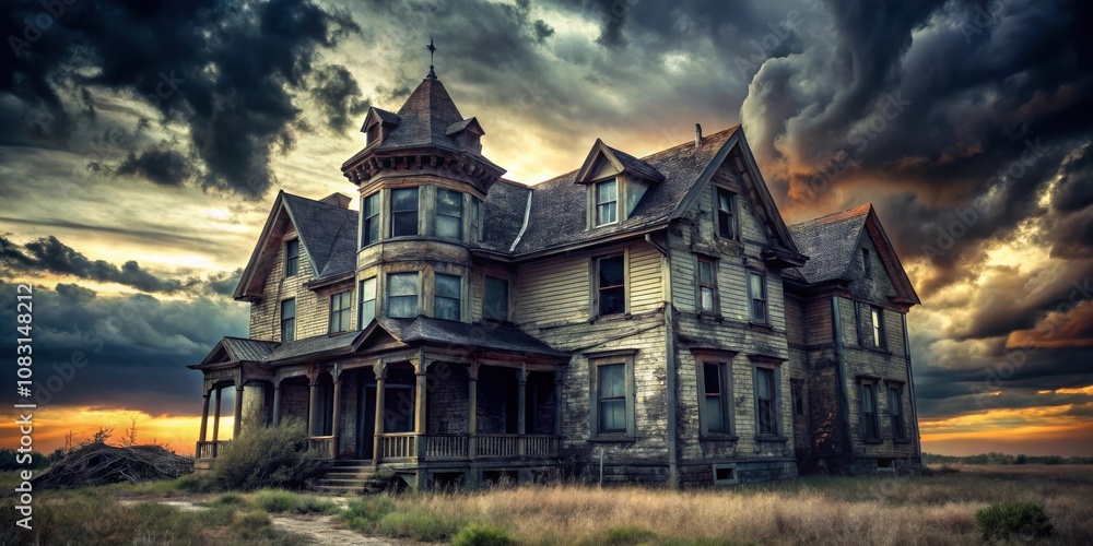 Fototapeta premium A weathered Victorian mansion with an elaborate tower stands against a dramatic backdrop of stormy clouds and a sunset sky.