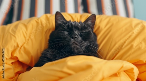 A black cat naps peacefully under a yellow duvet. photo