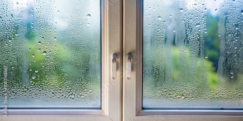 Condensation droplets clinging to the glass of a window pane, revealing a blurry view of the lush green foliage beyond photo