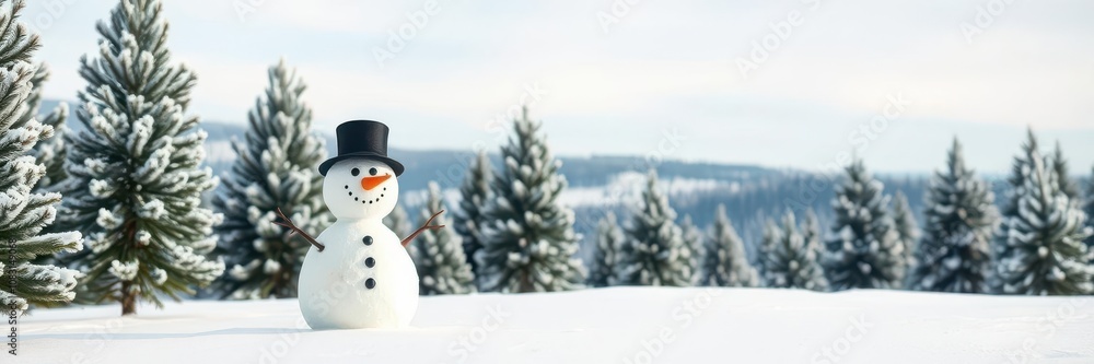 Obraz premium Happy snowman with a carrot nose and a top hat standing in a snowy landscape with pine trees, a clear blue sky, and copy space for text, pine trees, seasonal, frosty