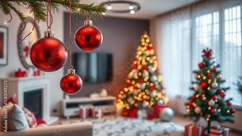 Modern living room with a white and red themed Christmas tree decorated with sparkly ornaments and twinkling lights, contemporary, ornaments, red