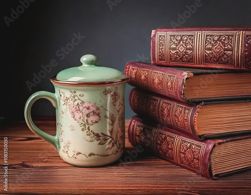 ceramic tea mug with lid next to stack of antique hardbound books AI photo