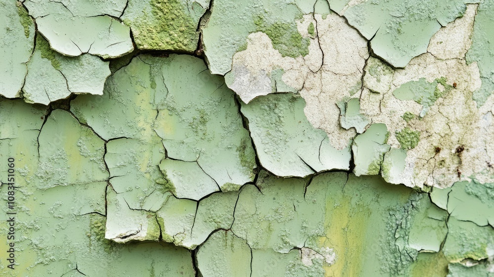Obraz premium Detailed Close-Up of Weathered Green Paint Peeling Off Surface, Showcasing Cracked Texture and Layered Patterns on Worn Wood or Wall in Various Shades of Green