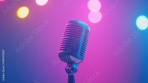 A vibrant microphone shines on stage, lit by colorful lights, perfect for capturing the energy of a live performance.