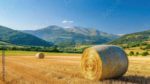 Discover the charm of sunkissed hay bales sprawled across picturesque farmland on a perfect sunny day. photo