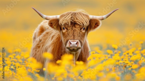 Rustic charm shines as a herd of highland cattle grazes peacefully among vibrant yellow flowers in a lush field. photo