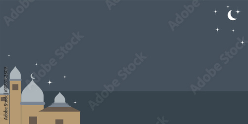 Simple grey background with decorative mosques around the edges and empty areas. Can be used for islamic themes, Ramadan or fasting events, Eid al-Fitr, and so on