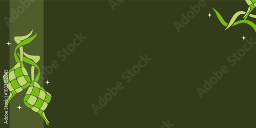 A simple green background with ketupat decorations on the edges and an empty area. Can be used for food themes, Ramadan or fasting events, Eid, and others