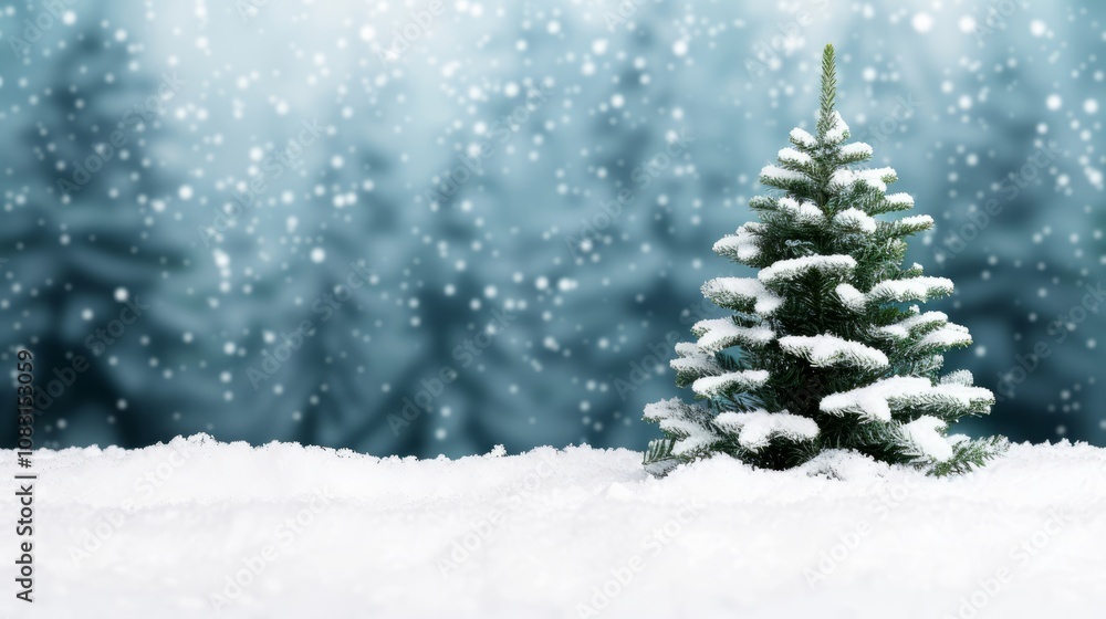 Obraz premium A small evergreen tree covered in snow stands in front of a snowy forest background.