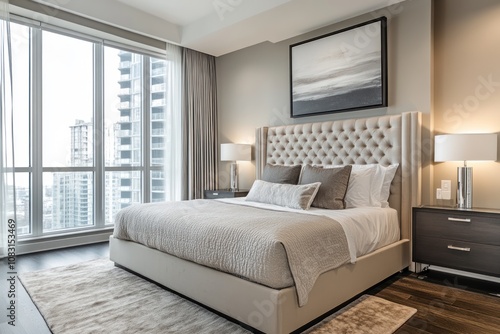 A luxurious brown bed with soft, plush fabric, offering ultimate comfort. Large windows provide a stunning view of the bustling city skyline, blending relaxation with urban elegance. photo