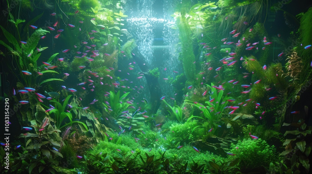 Obraz premium A vibrant aquarium featuring lush, live plants and beautiful fish, creating a serene underwater ecosystem. The natural plants enhance the aquatic environment, offering a peaceful, visually stunning di