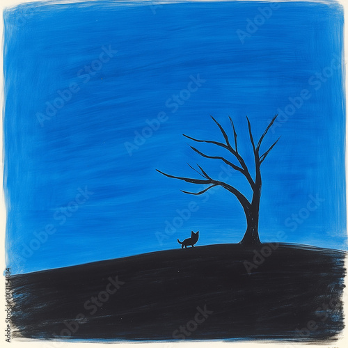 Minimalist painting of a lone tree and cat silhouette on a hill, set against a vibrant blue sky.  
