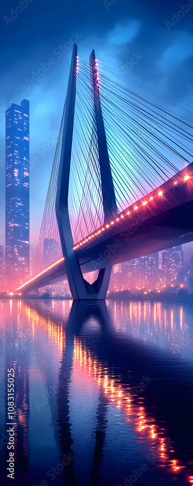 Obraz premium Illuminated cable-stayed bridge at night reflecting in calm water with city skyline.
