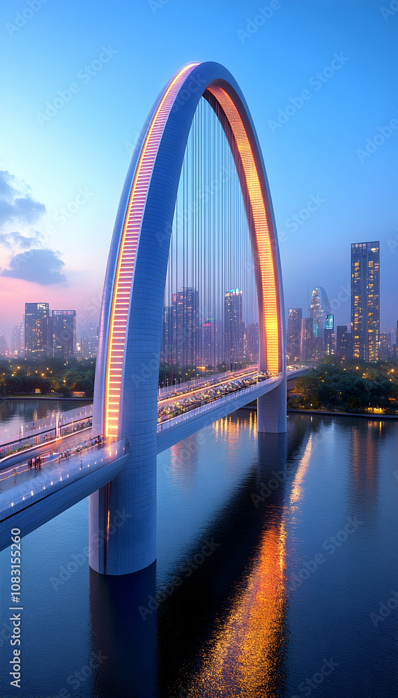 Obraz premium Modern arch bridge over river at dawn.