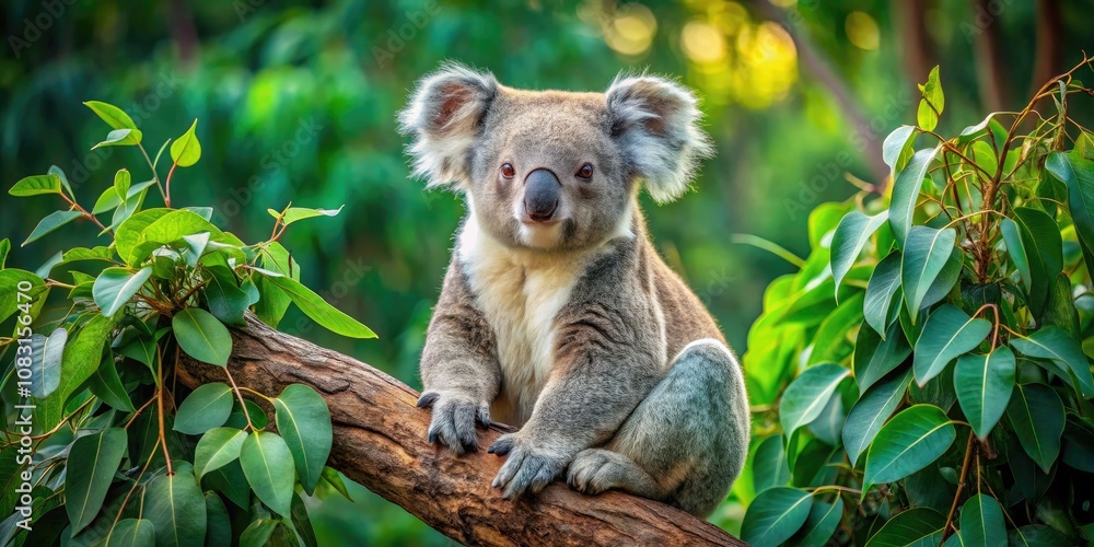Obraz premium In a picturesque panorama, a koala rests peacefully in a eucalyptus tree, nestled among vibrant green leaves, showcasing the beauty of Australia's arboreal herbivores.