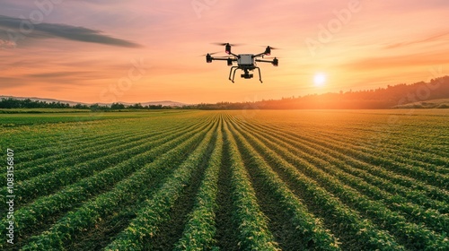 A cutting-edge agricultural technology using drones to monitor crops, spray fields, and gather data at sunset, enhancing efficiency, precision, and sustainability in farming operations. photo