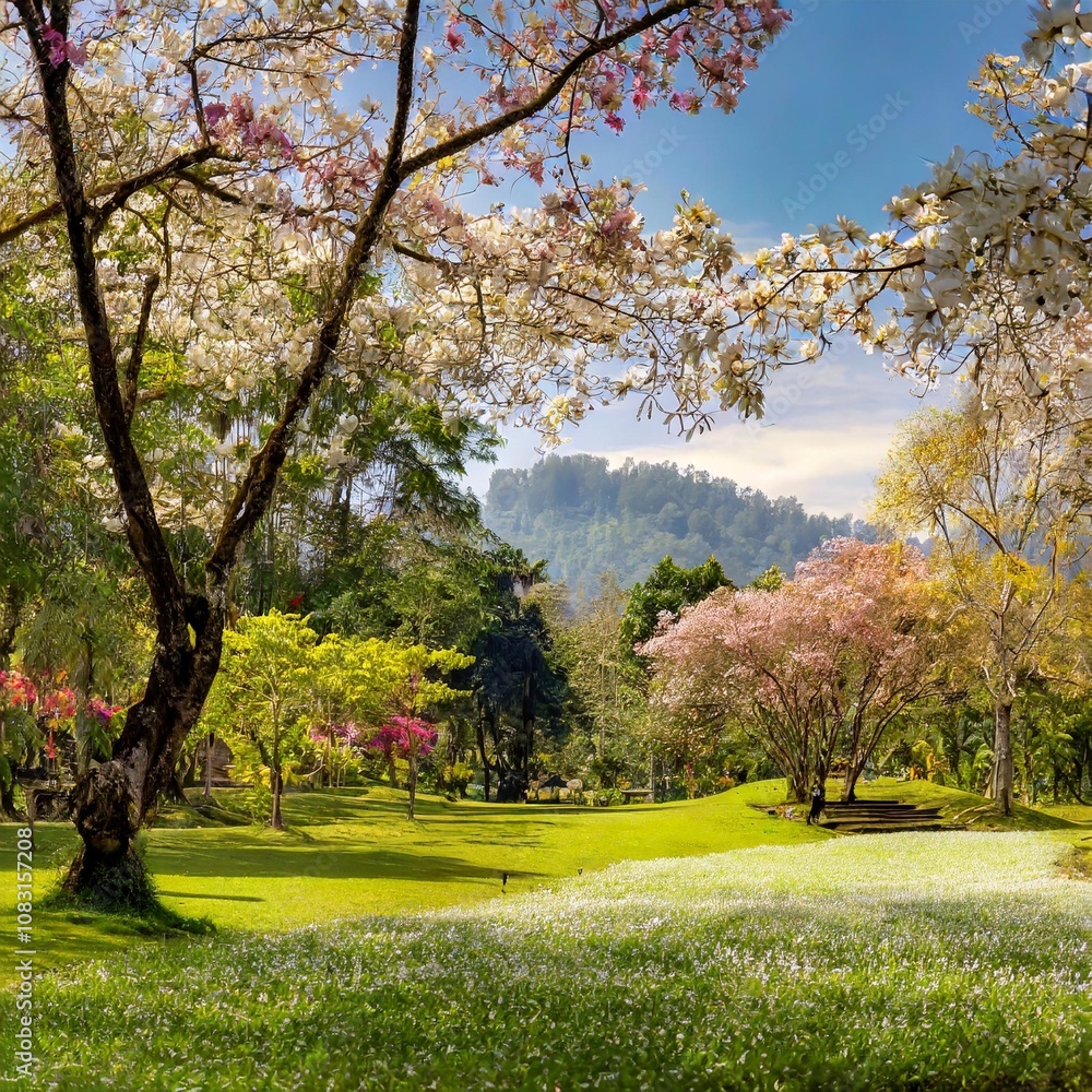 Fototapeta premium Breathtaking View of a Blooming Spring Park, Captured During a Sunny Day with No People in Sight, Ideal for a Relaxing Outdoor Scene or Zoom Background