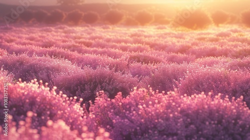 A serene lavender garden bathed in the soft glow of the evening sun, with vibrant purple blooms swaying gently in the breeze. A tranquil escape filled with soothing scents and natural beauty. photo