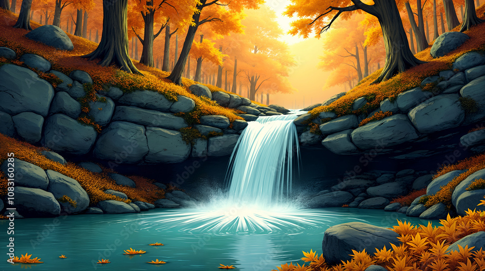 Fototapeta premium A Picturesque View of a Small Waterfall Encircled by the Golden Leaves of Autumn in a Tranquil Forest