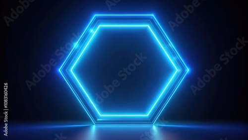 A futuristic glowing blue hexagon with an illuminated border and reflections on a dark background