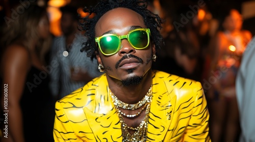 A person wearing a neon-colored outfit at a formal black-and-white event, unapologetically expressing their personality photo