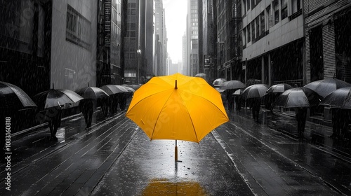 A pop of yellow from an umbrella shines in a rain-drenched city street, surrounded by black umbrellas reflecting the urban hustle