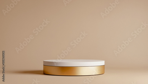 Simple, circular platform with a gold base and a white top, isolated on a beige backdrop. Podium product photos for advertising your products with an elegant background.