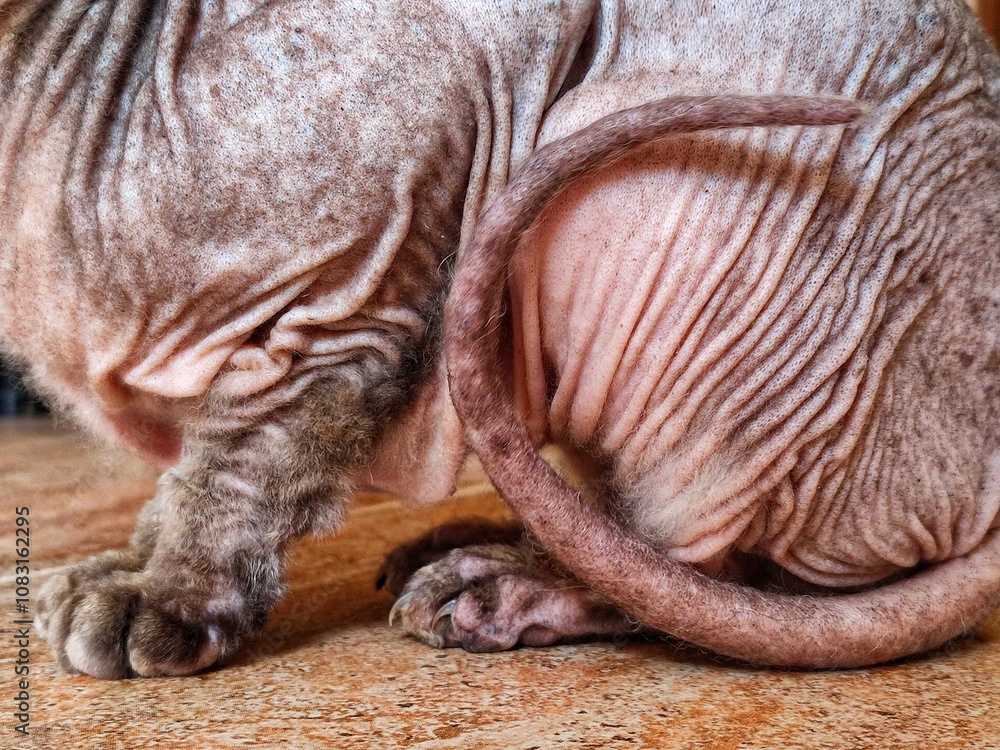 Obraz premium Close-up of a Sphynx cat showing unique skin texture and wrinkles