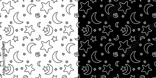 Seamless pattern of black and white moons and stars