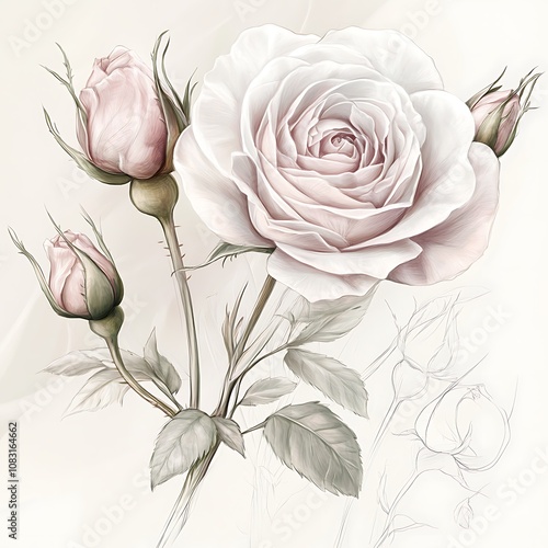 A Single White Rose with Buds and Stem on a White Background