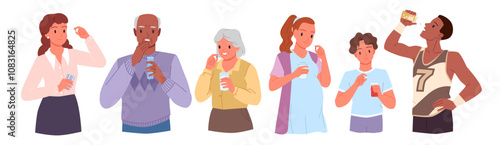 People take pills set. Old and young patients eat drugs from pharmacy with water glass, pregnant woman and boy, teenager and man use medicament treatment or vitamin cartoon vector illustration