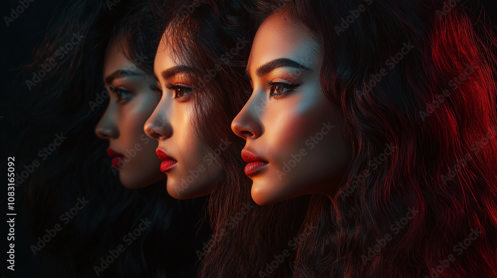 Fototapeta premium Series of portraits showing women with classic and modern hairstyles, warm studio lighting