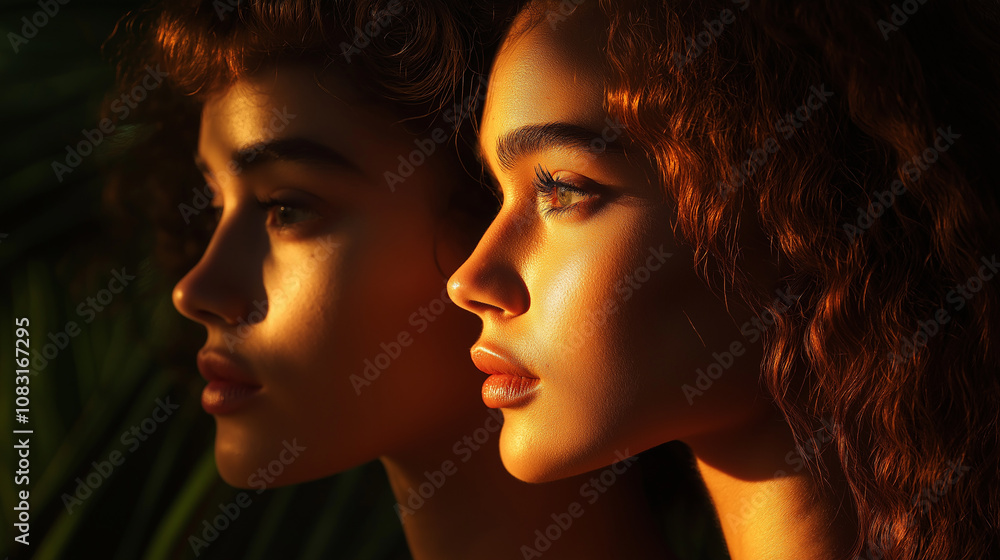 Fototapeta premium Side portraits of women with different hair textures, warm earthy lighting
